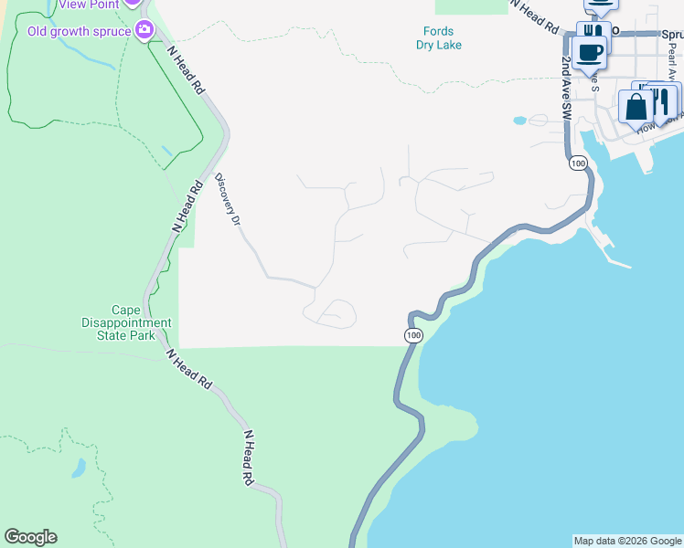 map of restaurants, bars, coffee shops, grocery stores, and more near 3240 Overlook Loop in Ilwaco