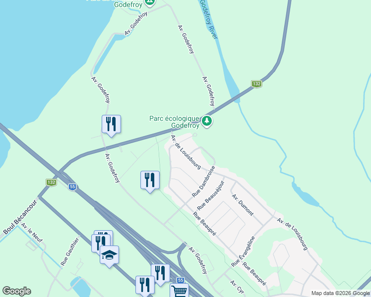 map of restaurants, bars, coffee shops, grocery stores, and more near 1065 Avenue de Louisbourg in Bécancour
