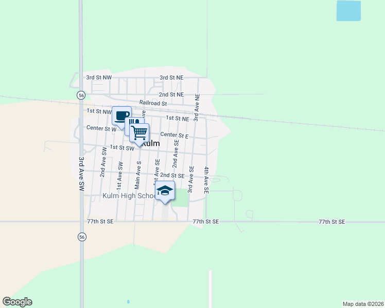 map of restaurants, bars, coffee shops, grocery stores, and more near 100 3rd Avenue Southeast in Kulm