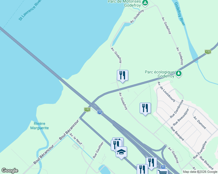 map of restaurants, bars, coffee shops, grocery stores, and more near 17615 Place Després in Bã©Cancour