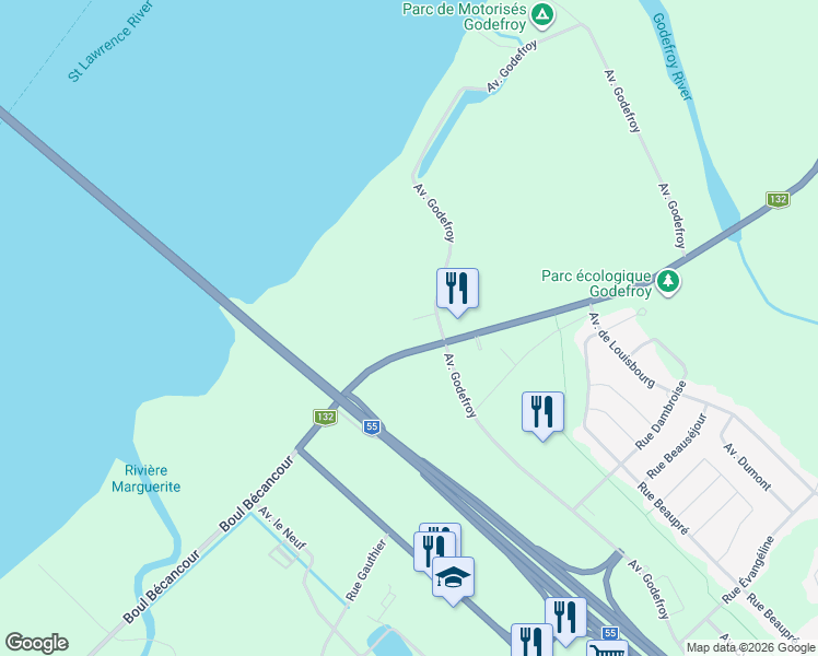 map of restaurants, bars, coffee shops, grocery stores, and more near 17615 Place Després in Bã©Cancour
