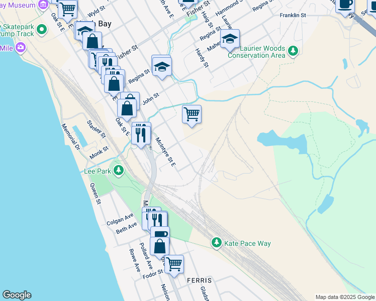 map of restaurants, bars, coffee shops, grocery stores, and more near 501 Morris Street in North Bay