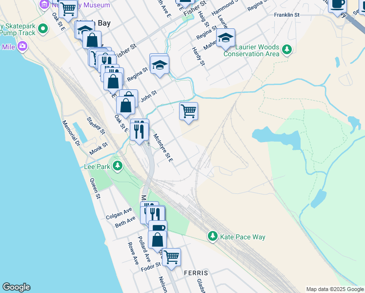 map of restaurants, bars, coffee shops, grocery stores, and more near 840 Worthington Street East in North Bay