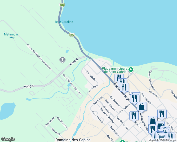 map of restaurants, bars, coffee shops, grocery stores, and more near 423 Rue Ratelle in Saint-Gabriel-de-Brandon