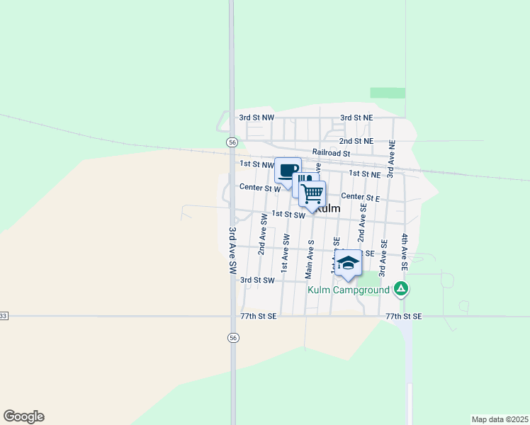 map of restaurants, bars, coffee shops, grocery stores, and more near 199 2nd Avenue Southwest in Kulm