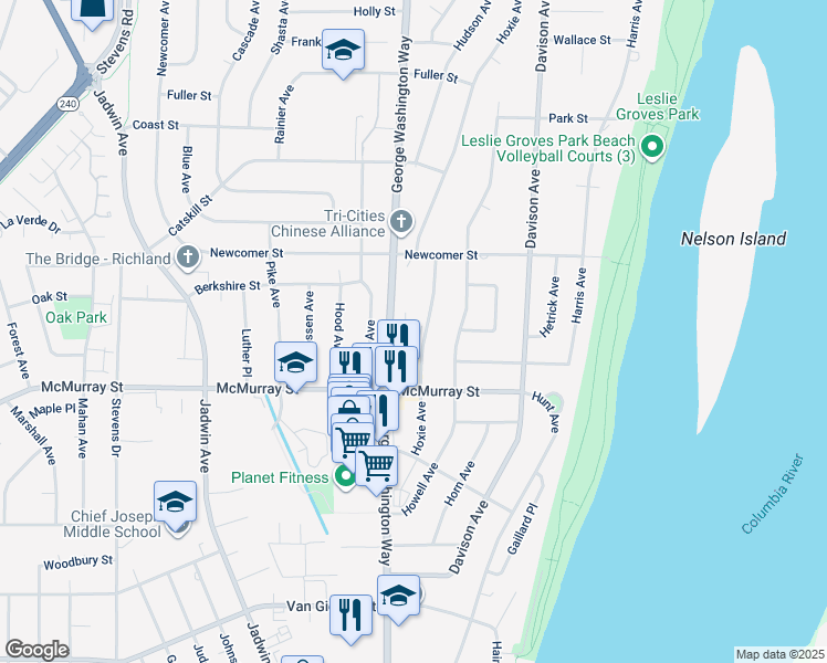 map of restaurants, bars, coffee shops, grocery stores, and more near 1918 George Washington Way in Richland