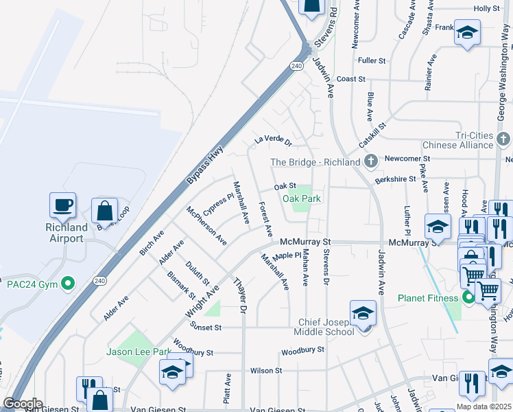 map of restaurants, bars, coffee shops, grocery stores, and more near 1931 Forest Avenue in Richland