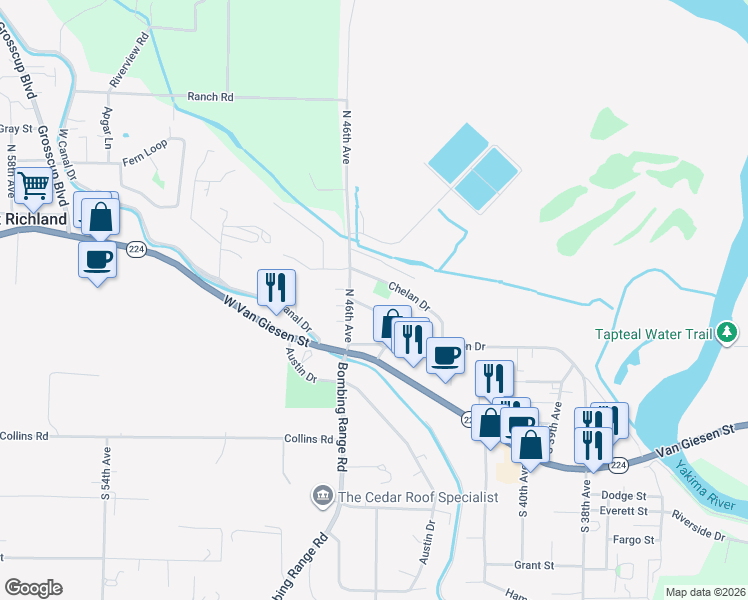 map of restaurants, bars, coffee shops, grocery stores, and more near 4506 Arlington Drive in West Richland