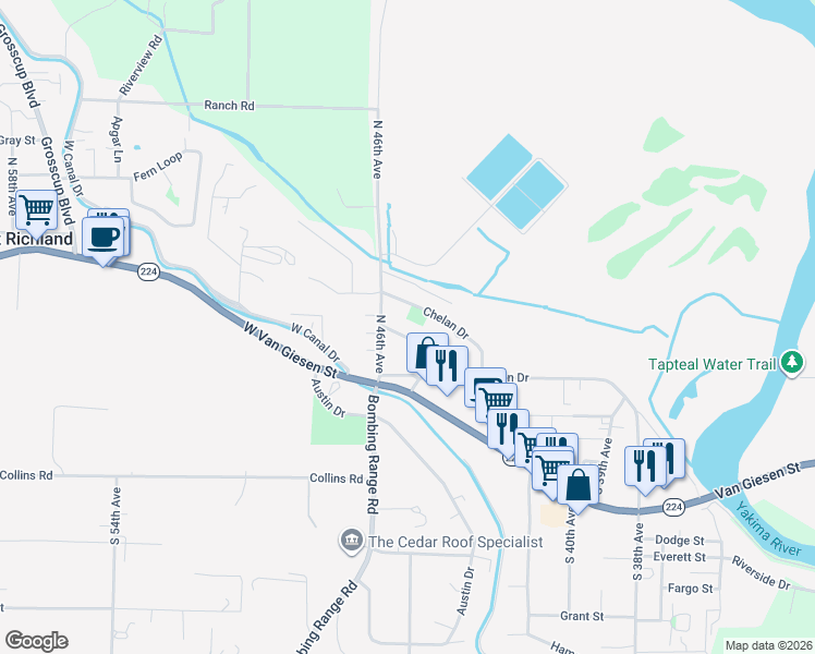 map of restaurants, bars, coffee shops, grocery stores, and more near 4506 Arlington Drive in West Richland