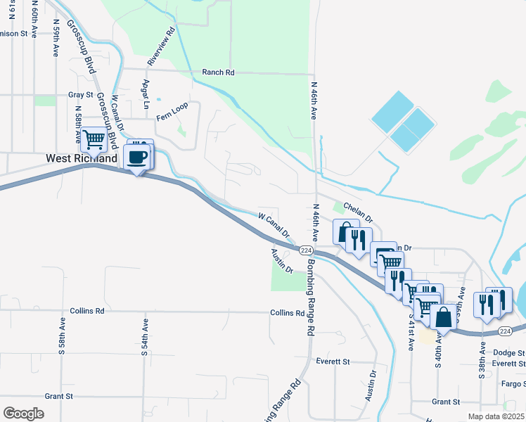 map of restaurants, bars, coffee shops, grocery stores, and more near 4714 Canal Drive in West Richland