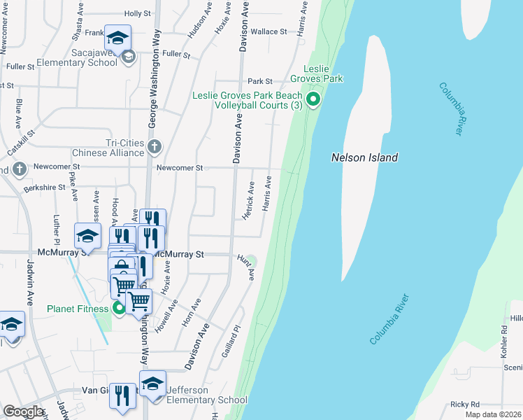 map of restaurants, bars, coffee shops, grocery stores, and more near 1932 Harris Avenue in Richland