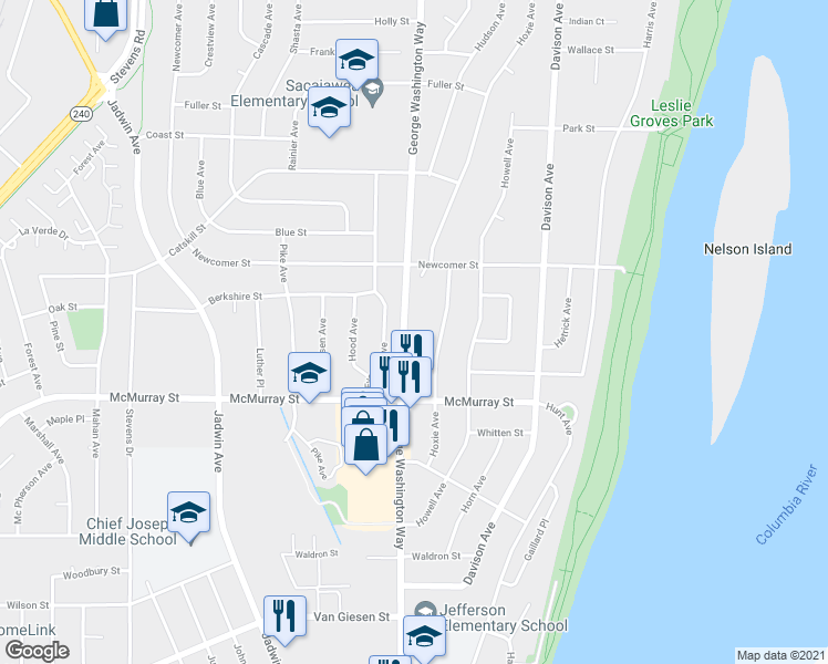 map of restaurants, bars, coffee shops, grocery stores, and more near 1918 George Washington Way in Richland