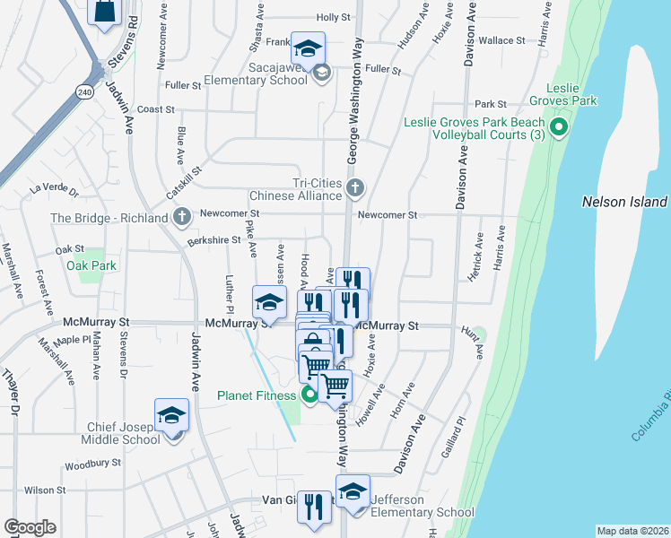 map of restaurants, bars, coffee shops, grocery stores, and more near 1918 George Washington Way in Richland