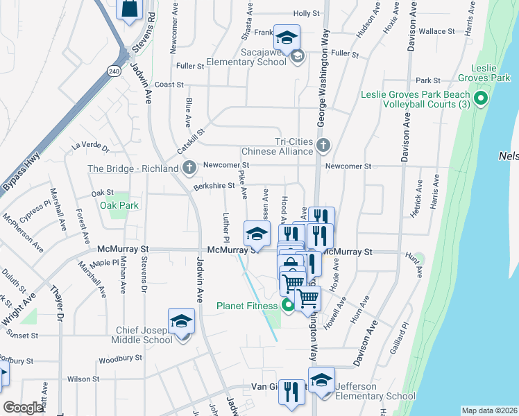 map of restaurants, bars, coffee shops, grocery stores, and more near 1918 Lassen Avenue in Richland