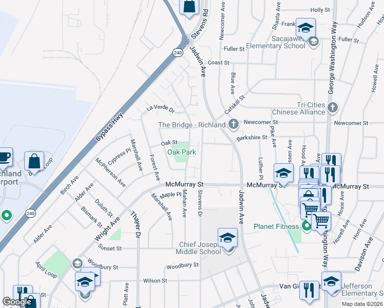 map of restaurants, bars, coffee shops, grocery stores, and more near 1947 Mahan Avenue in Richland