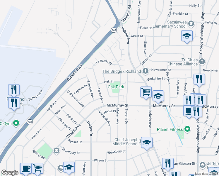 map of restaurants, bars, coffee shops, grocery stores, and more near 1932 Pine Street in Richland