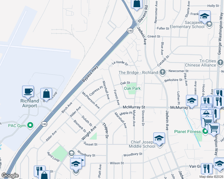 map of restaurants, bars, coffee shops, grocery stores, and more near 1931 Forest Avenue in Richland