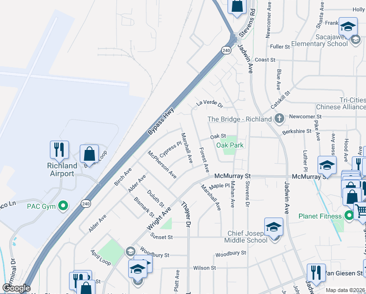 map of restaurants, bars, coffee shops, grocery stores, and more near 1939 Marshall Avenue in Richland