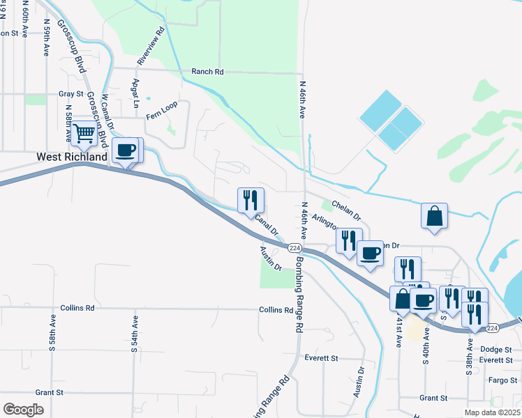 map of restaurants, bars, coffee shops, grocery stores, and more near 4714 Canal Drive in West Richland
