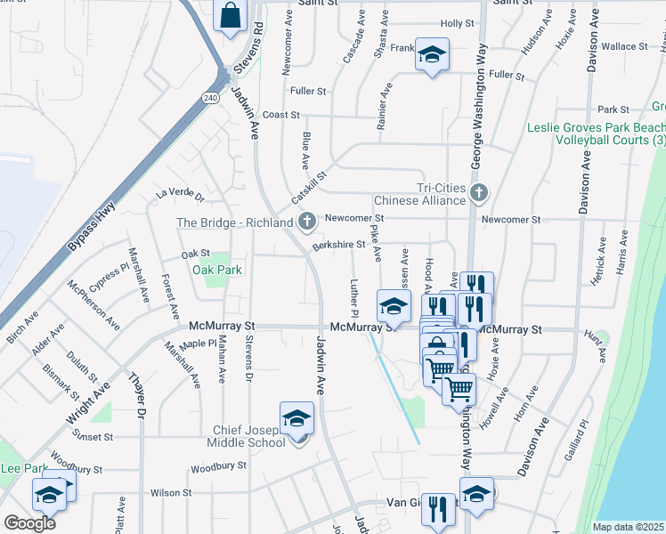 map of restaurants, bars, coffee shops, grocery stores, and more near 625 Berkshire Place in Richland