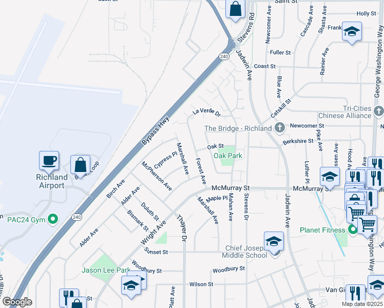 map of restaurants, bars, coffee shops, grocery stores, and more near 1931 Forest Avenue in Richland