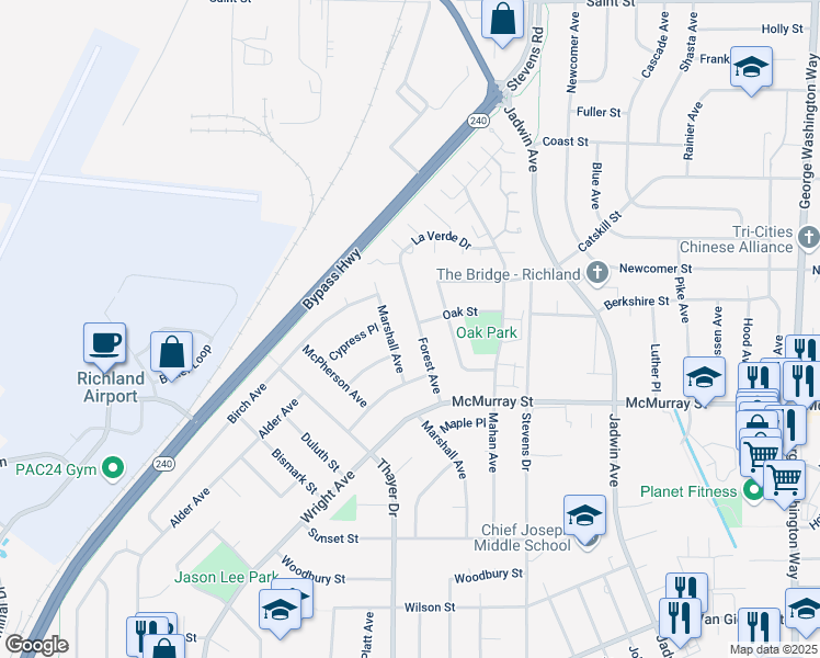 map of restaurants, bars, coffee shops, grocery stores, and more near 1931 Forest Avenue in Richland