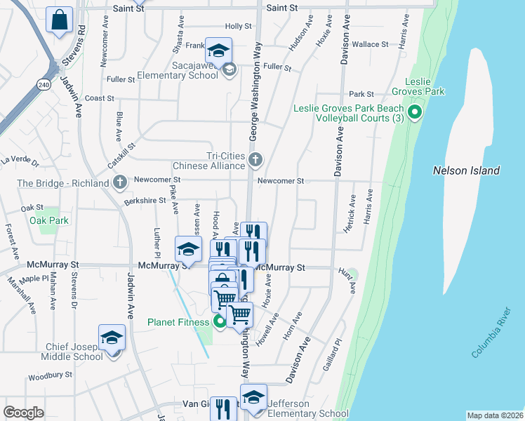 map of restaurants, bars, coffee shops, grocery stores, and more near 1918 George Washington Way in Richland