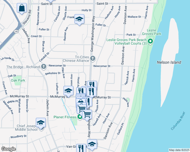 map of restaurants, bars, coffee shops, grocery stores, and more near 1918 George Washington Way in Richland