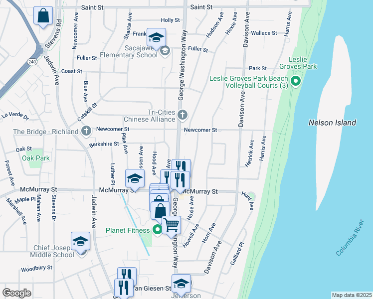 map of restaurants, bars, coffee shops, grocery stores, and more near 1918 George Washington Way in Richland