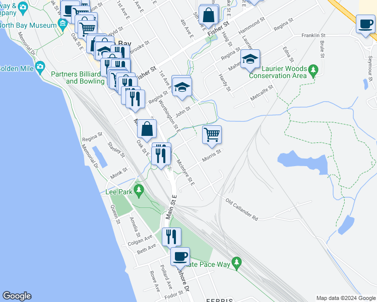 map of restaurants, bars, coffee shops, grocery stores, and more near 741 Worthington Street East in North Bay