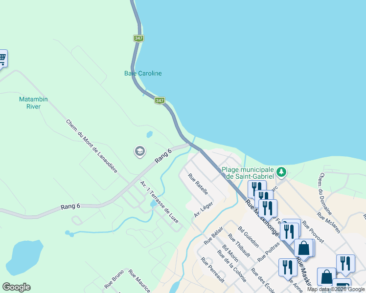 map of restaurants, bars, coffee shops, grocery stores, and more near Chemin du 6e Rang in Saint-Gabriel