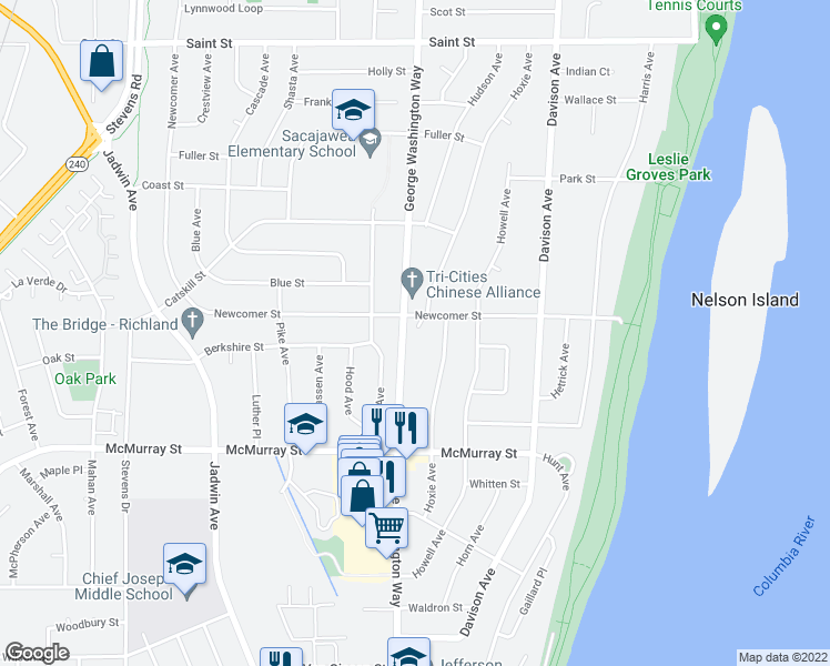 map of restaurants, bars, coffee shops, grocery stores, and more near 1970 George Washington Way in Richland
