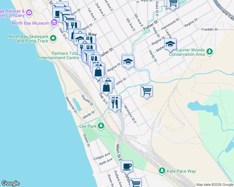 map of restaurants, bars, coffee shops, grocery stores, and more near 682 McIntyre Street East in North Bay