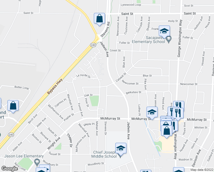 map of restaurants, bars, coffee shops, grocery stores, and more near 2020 Stevens Drive in Richland