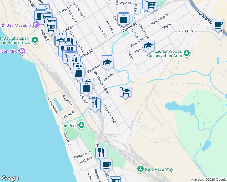 map of restaurants, bars, coffee shops, grocery stores, and more near 572 Metcalfe Street in North Bay