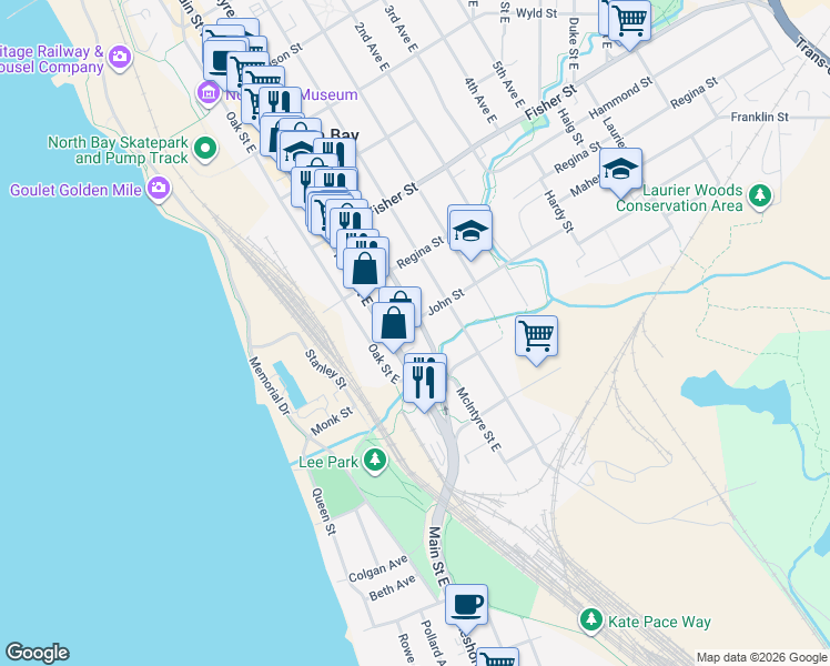 map of restaurants, bars, coffee shops, grocery stores, and more near 615 McIntyre Street East in North Bay