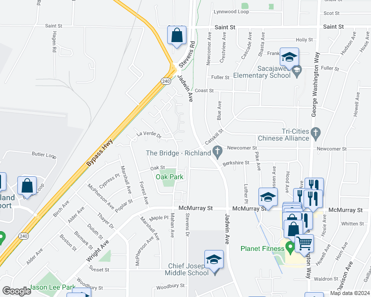 map of restaurants, bars, coffee shops, grocery stores, and more near 2002-2020 Stevens Dr in Richland