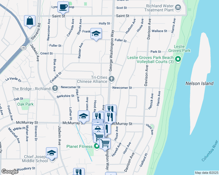 map of restaurants, bars, coffee shops, grocery stores, and more near George Washington Way & Newcomer Ave in Richland