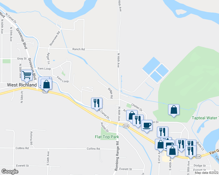 map of restaurants, bars, coffee shops, grocery stores, and more near 70002 Ridge Road in West Richland