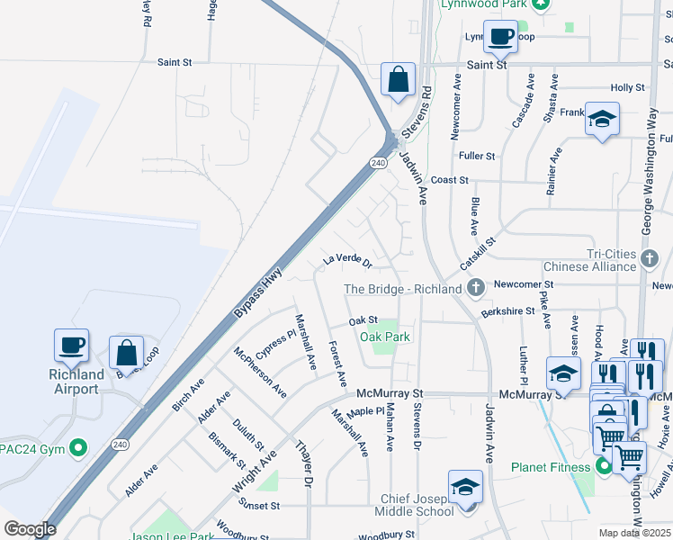 map of restaurants, bars, coffee shops, grocery stores, and more near 1212 Covina Court in Richland