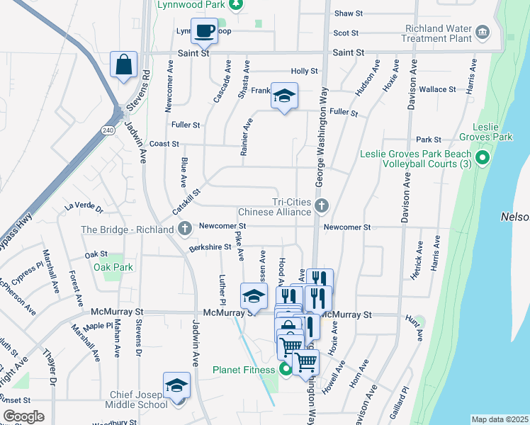 map of restaurants, bars, coffee shops, grocery stores, and more near 510 Blue Ave Way in Richland