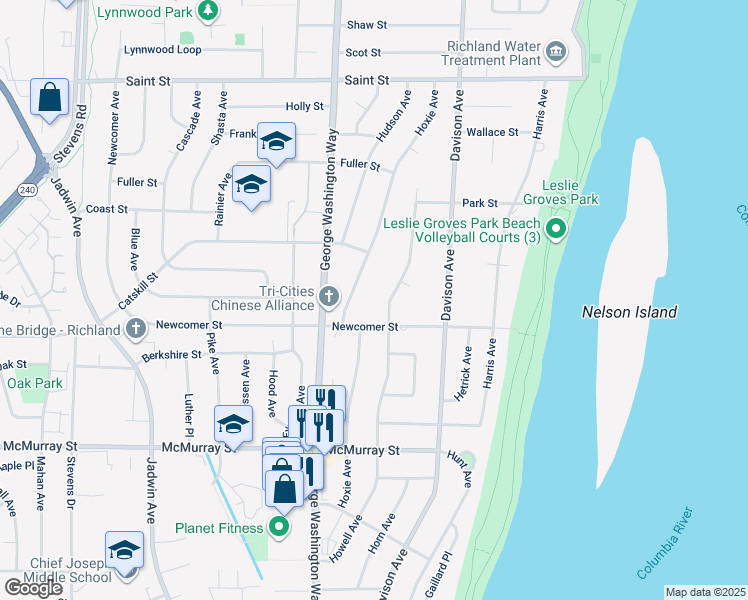 map of restaurants, bars, coffee shops, grocery stores, and more near 2018 Hoxie Avenue in Richland