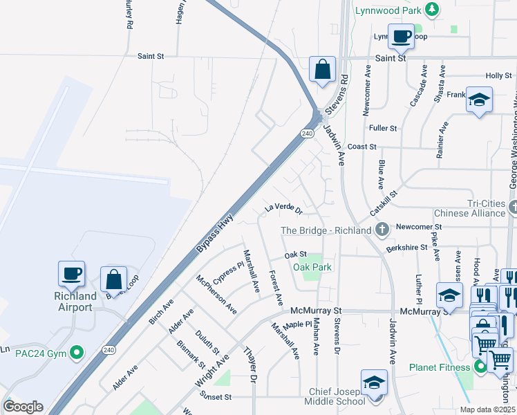 map of restaurants, bars, coffee shops, grocery stores, and more near 1210 Covina Court in Richland