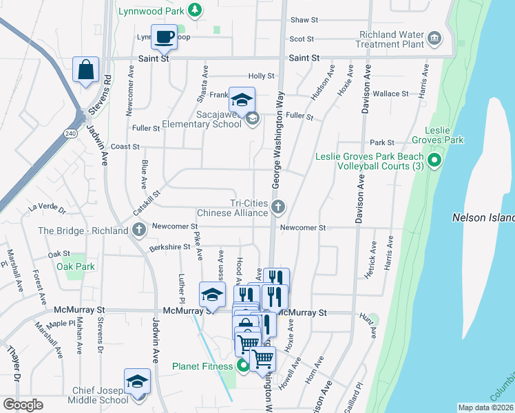 map of restaurants, bars, coffee shops, grocery stores, and more near 2008 Everest Avenue in Richland