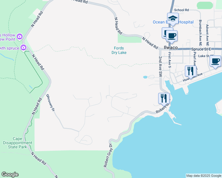 map of restaurants, bars, coffee shops, grocery stores, and more near 2128 Wecoma Place Southwest in Ilwaco