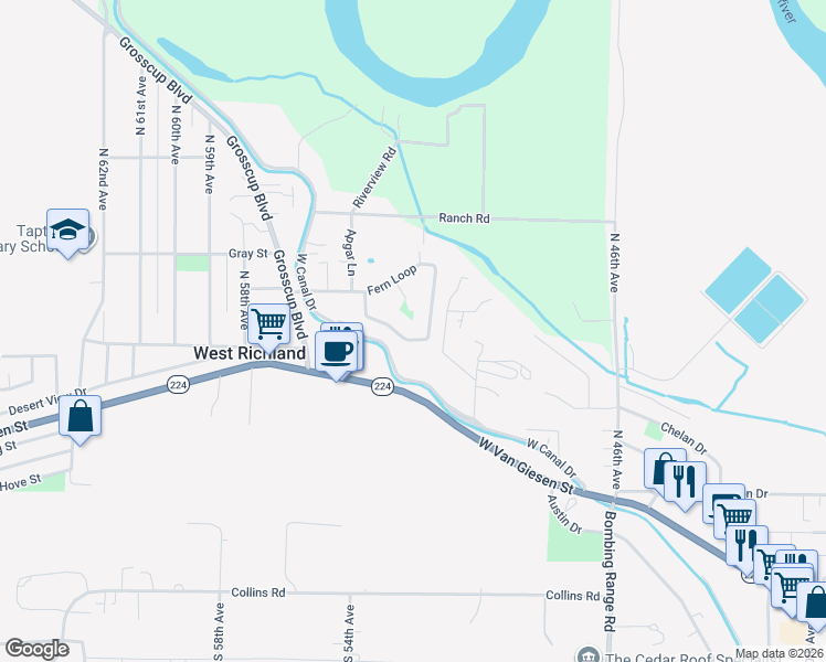 map of restaurants, bars, coffee shops, grocery stores, and more near 5447 Fern Loop in West Richland