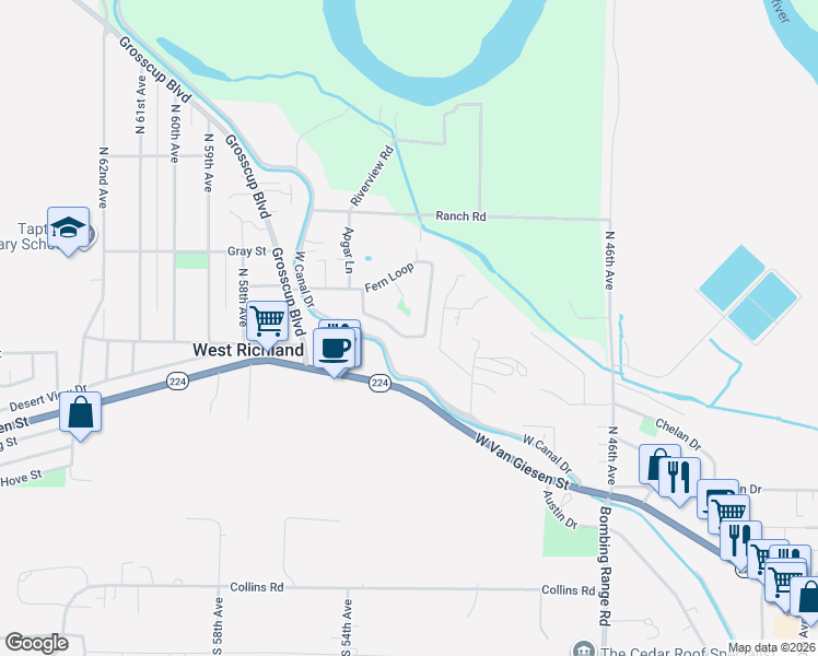 map of restaurants, bars, coffee shops, grocery stores, and more near 5447 Fern Loop in West Richland
