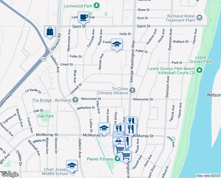 map of restaurants, bars, coffee shops, grocery stores, and more near 510 Blue Avenue in Richland