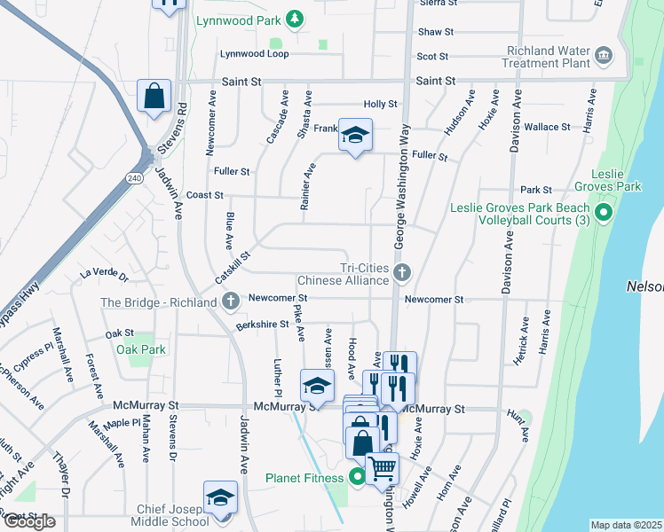 map of restaurants, bars, coffee shops, grocery stores, and more near 510 Blue Ave Way in Richland