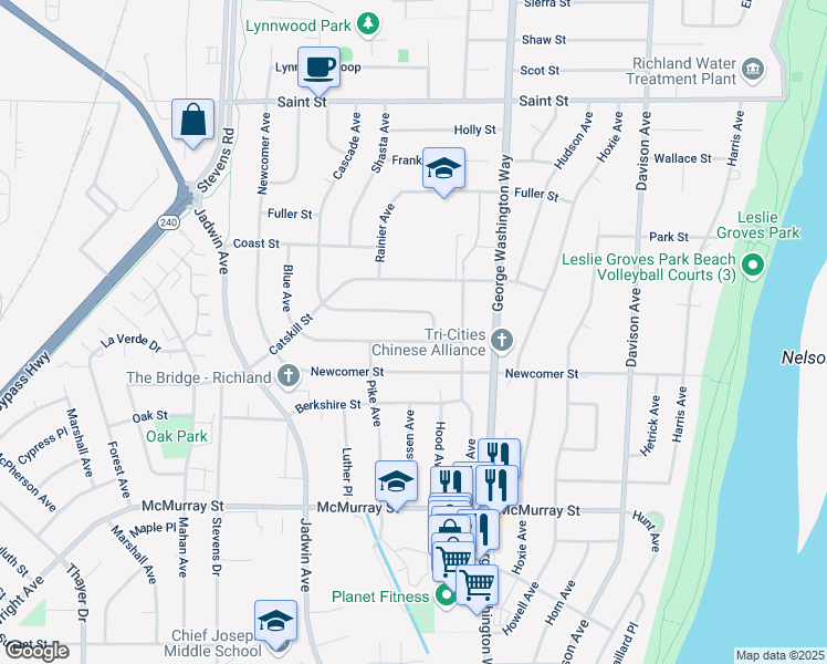 map of restaurants, bars, coffee shops, grocery stores, and more near 510 Blue Ave Way in Richland